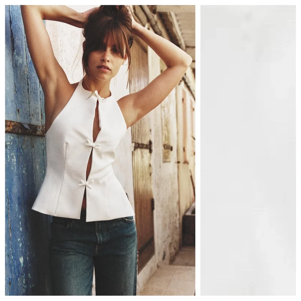 NWT. Zara White Fitted Halter Top featuring Bows. Size S. - Picture 2 of 10